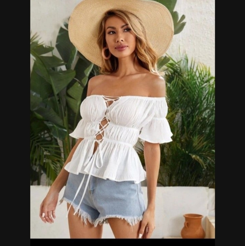 SHEIN White Off-Shoulder Lace-Up Blouse - Picture 2 of 6
